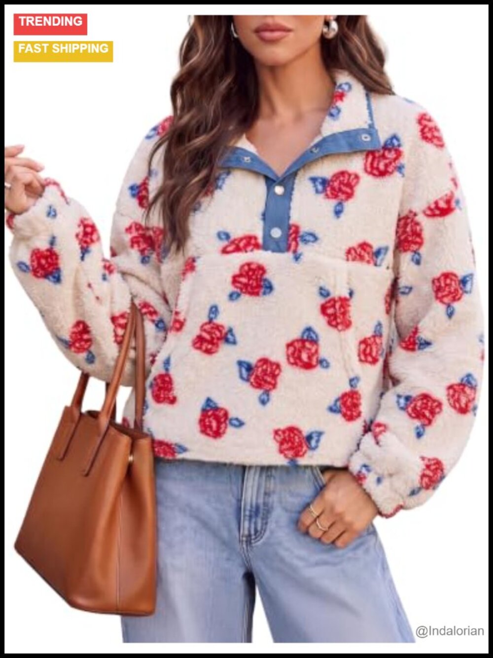 Fuzzy Fleece Sherpa Pullover Sweatshirt Button Stand Collar Floral